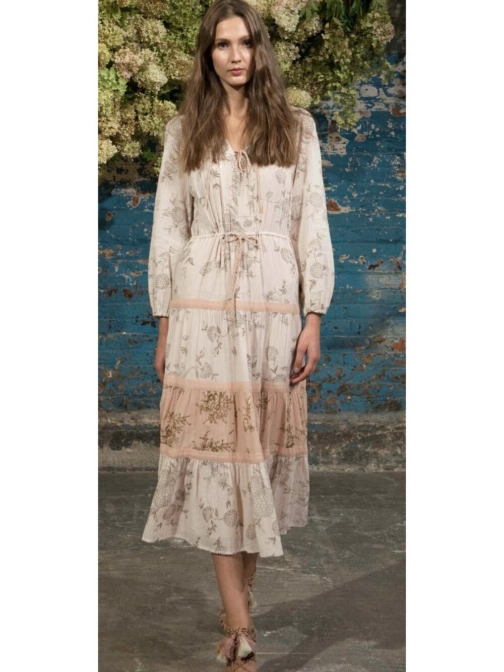 Ulla Johnson Sz 4 Floral Cotton Tiered Midi Dress Long Sleeve Tie Waist Cream